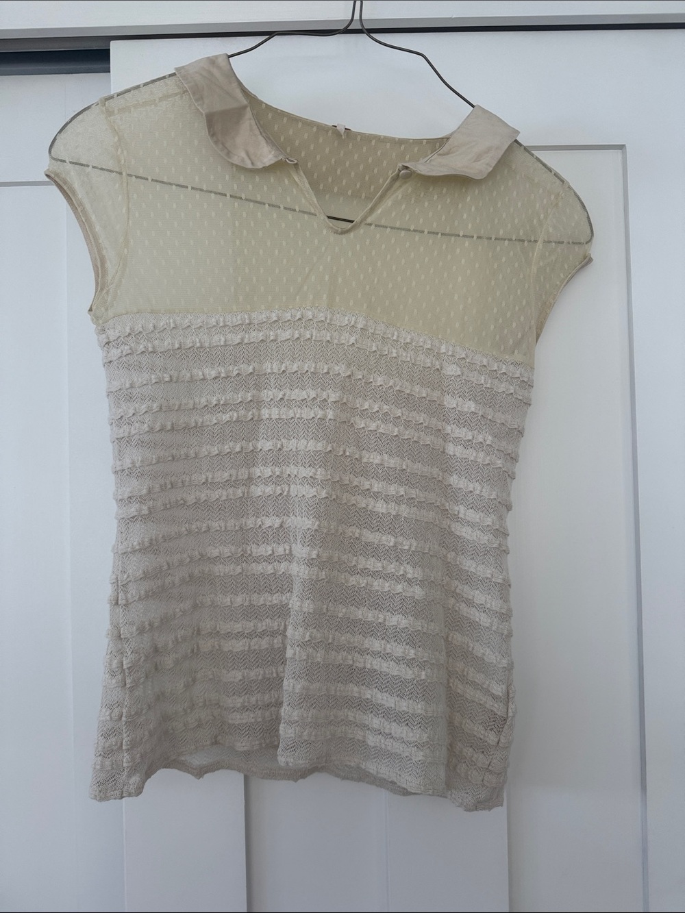 Free People Cream Sheer Yoke Lace-Striped Cap Sleeve Top